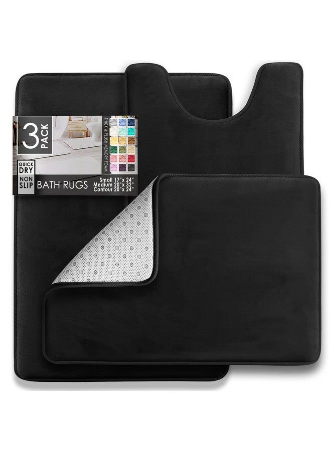 Clara Clark Clara Clark 3 Piece Bathroom Rugs Bath Mat Set, Velvet Memory Foam Bath Mats for Bathroom - Non-Slip, PVC Backing Bath Rugs, Washable - Dries Quickly, Black  - Image 2