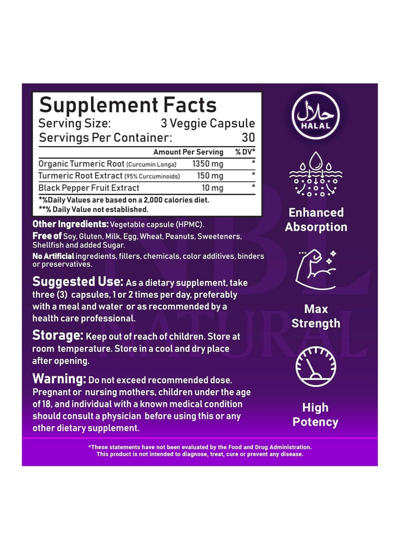 NBL Natural - Turmeric Curcumin 1500mg Highest Potency Available, Premium Joint & Healthy Inflammatory Support with 95% Standardized Curcuminoids, with Black Pepper, 90 Veggie Capsules - Image 1
