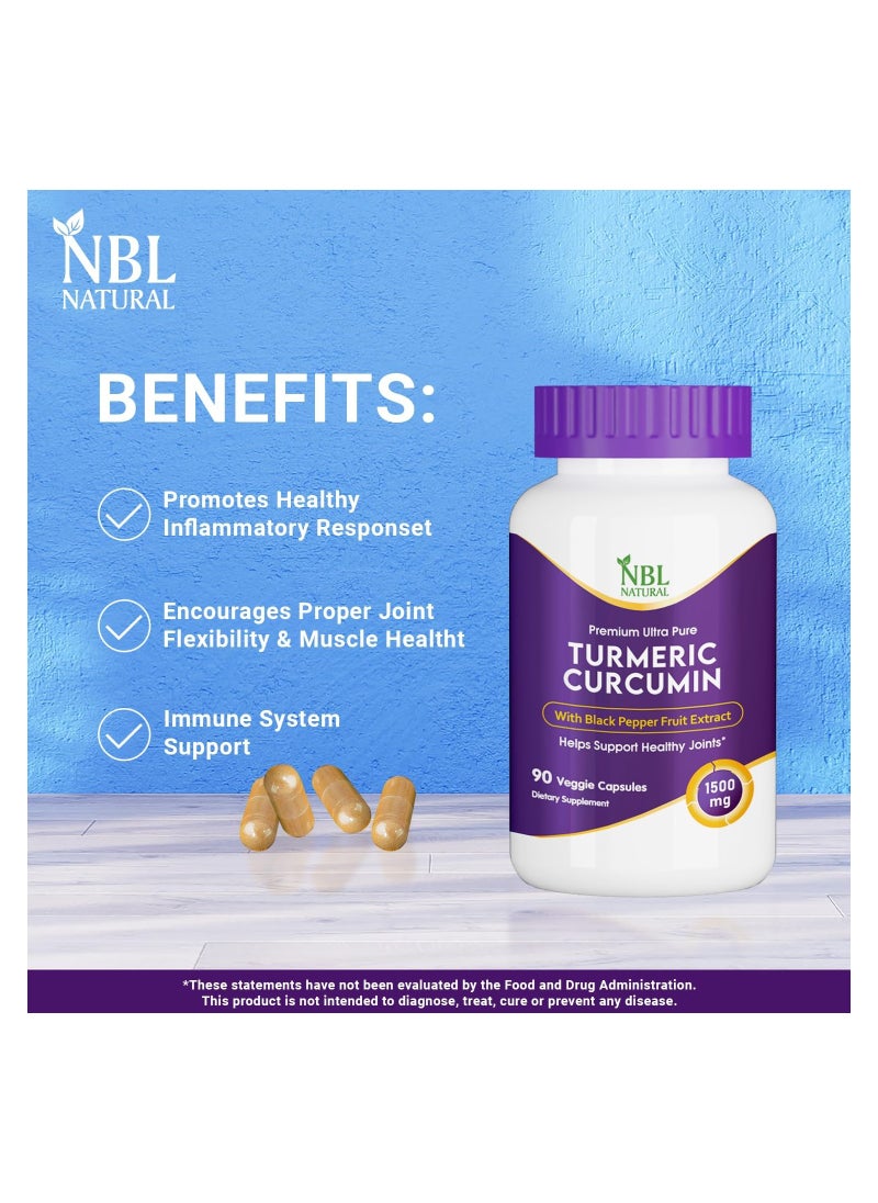 NBL Natural - Turmeric Curcumin 1500mg Highest Potency Available, Premium Joint & Healthy Inflammatory Support with 95% Standardized Curcuminoids, with Black Pepper, 90 Veggie Capsules - Image 1