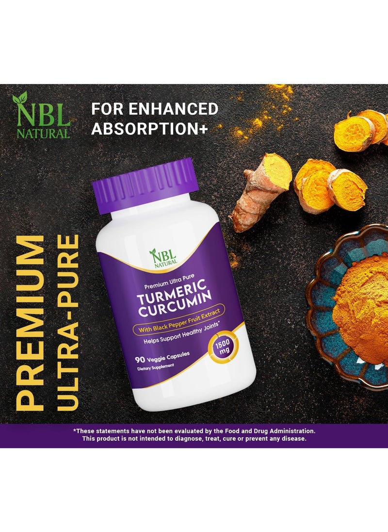 NBL Natural - Turmeric Curcumin 1500mg Highest Potency Available, Premium Joint & Healthy Inflammatory Support with 95% Standardized Curcuminoids, with Black Pepper, 90 Veggie Capsules - Image 1
