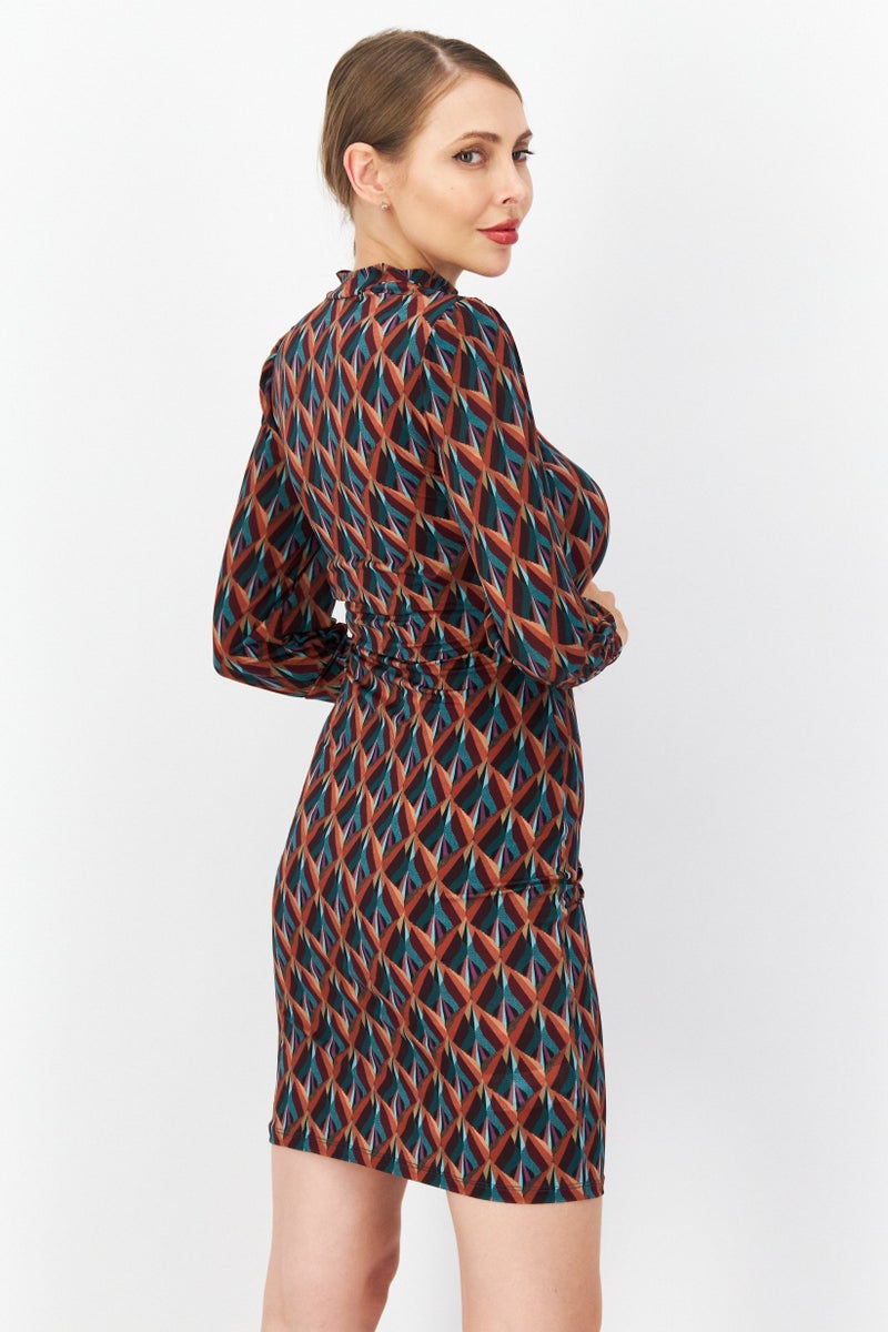 promod Women Allover Print Mini Dress, Brown Combo - Image 2