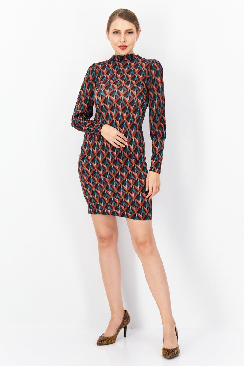 promod Women Allover Print Mini Dress, Brown Combo - Image 4