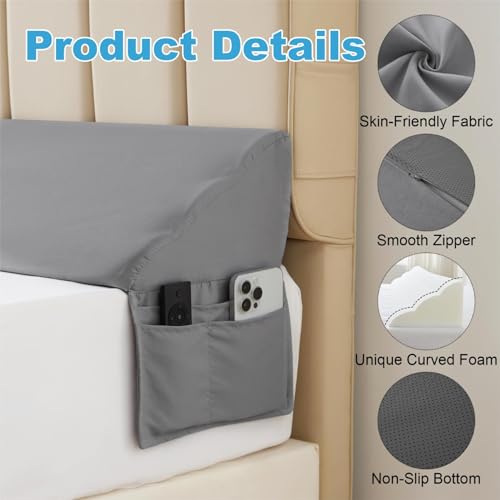 MEGCXIT King Bed Wedge Pillow for Headboard, 76"x10"x6", Bed Gap Filler, Headboard Pillow, Anti-Slip Gap Pillow with Side Pockets, Removable Cover, Grey - Image 3