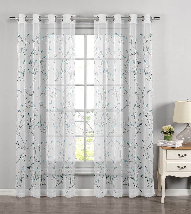Creative Home Ideas Wavy Leaves, Embroidered Window Curtain with Grommets, Extra Wide Single Panel, 100% Polyester, Light Filtering, Sheer, Modern Drapes, 54" x 84", Turquoise - Image 5