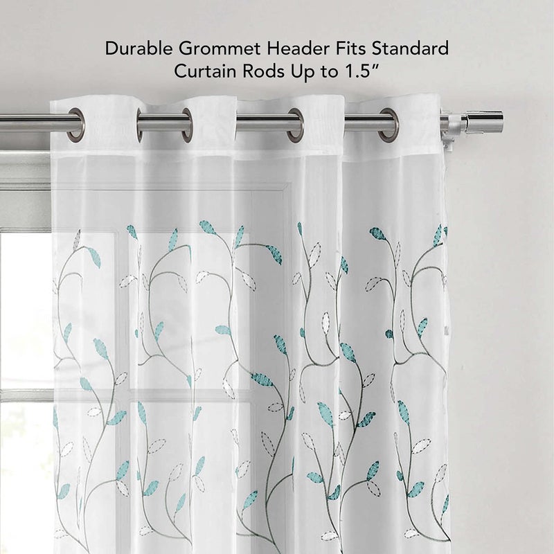 Creative Home Ideas Wavy Leaves, Embroidered Window Curtain with Grommets, Extra Wide Single Panel, 100% Polyester, Light Filtering, Sheer, Modern Drapes, 54" x 84", Turquoise - Image 4