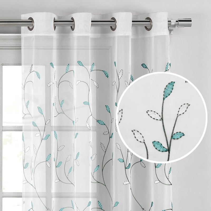 Creative Home Ideas Wavy Leaves, Embroidered Window Curtain with Grommets, Extra Wide Single Panel, 100% Polyester, Light Filtering, Sheer, Modern Drapes, 54" x 84", Turquoise - Image 1
