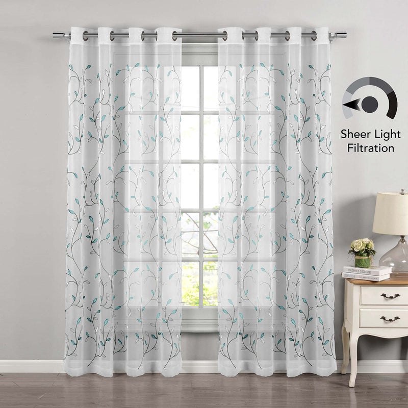 Creative Home Ideas Wavy Leaves, Embroidered Window Curtain with Grommets, Extra Wide Single Panel, 100% Polyester, Light Filtering, Sheer, Modern Drapes, 54" x 84", Turquoise - Image 2