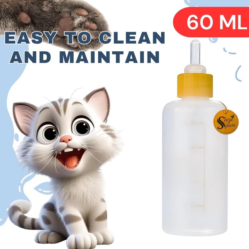 Sage Square Pet Milk Feeding Nursing Bottle Kit with Naples & Cleaning Brush for New Born Kitten, Ergonomic Design for Comfortable Feeding Sessions (60ml)(Color May Varry) - Image 4