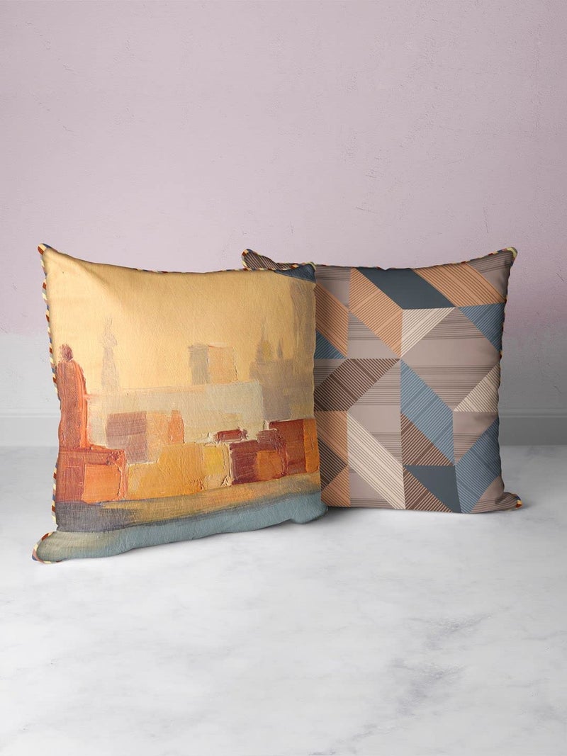 BIANCA Designer Reversible Printed Silk Linen Cushion Covers -2pc 16 X16 set (suzane) | Silk-Linen Luxury Cushion Cover | With contrast Front & Back Digital print - Hidden Zipper abstract-earthy/beige - Image 1
