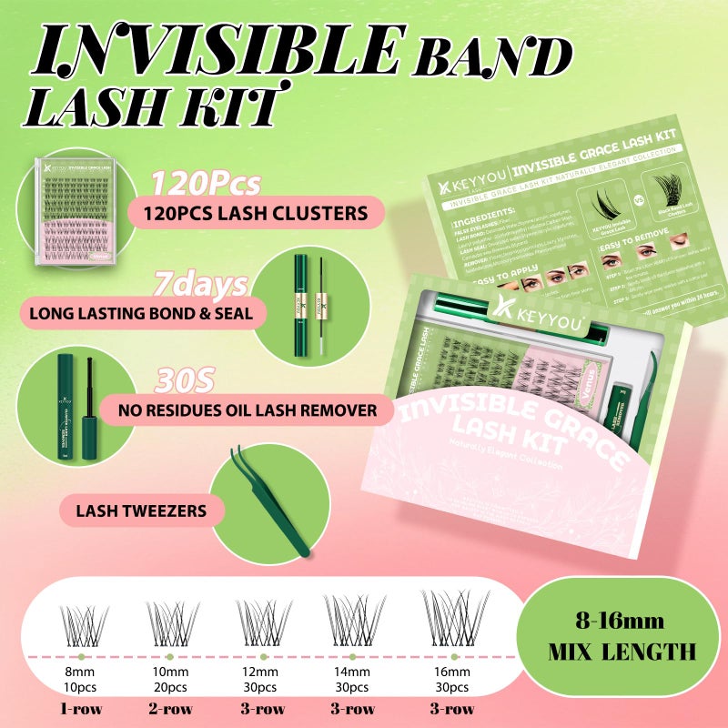 KEYYOU Venus Lash Clusters Kit Fairy Lash Extension Kit C Curl 120Pcs Eyelash Extension Wispy Natural Invisible Band with Waterproof DIY at Home(Venus-C-8-16MIX) - Image 2