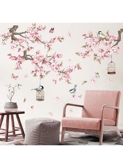 Cherry Blossom Flowers Wall Stickers Pink Floral Branch Birdcage Peel And Stick Wall Art Decals For Living Room Bedroom Tv Wall