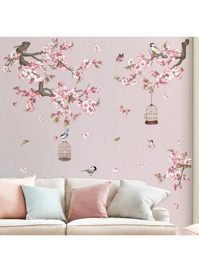 wondever - Cherry Blossom Flowers Wall Stickers Pink Floral Branch Birdcage Peel And Stick Wall Art Decals For Living Room Bedroom Tv Wall - Image 1