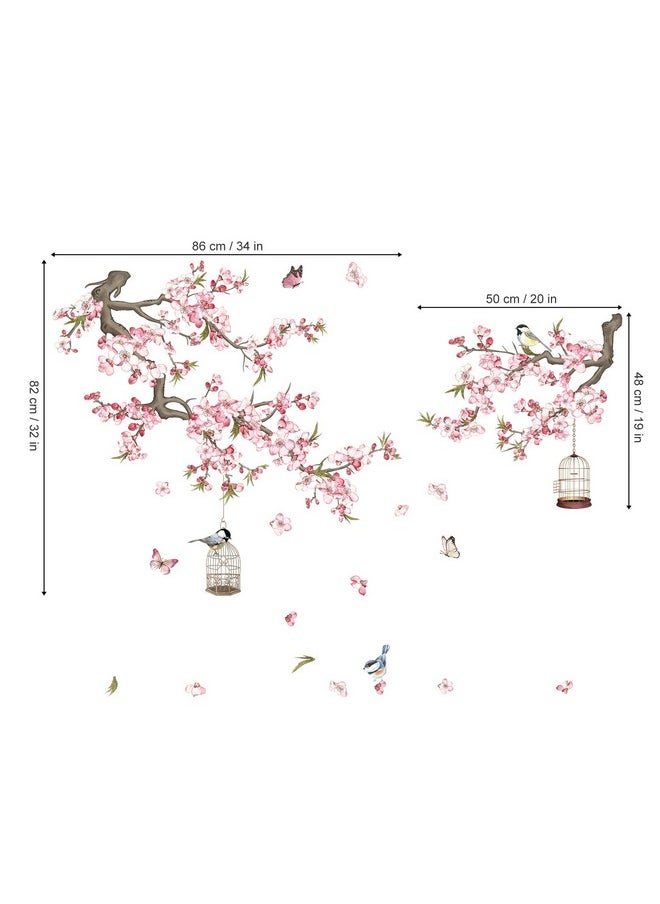 wondever - Cherry Blossom Flowers Wall Stickers Pink Floral Branch Birdcage Peel And Stick Wall Art Decals For Living Room Bedroom Tv Wall - Image 1
