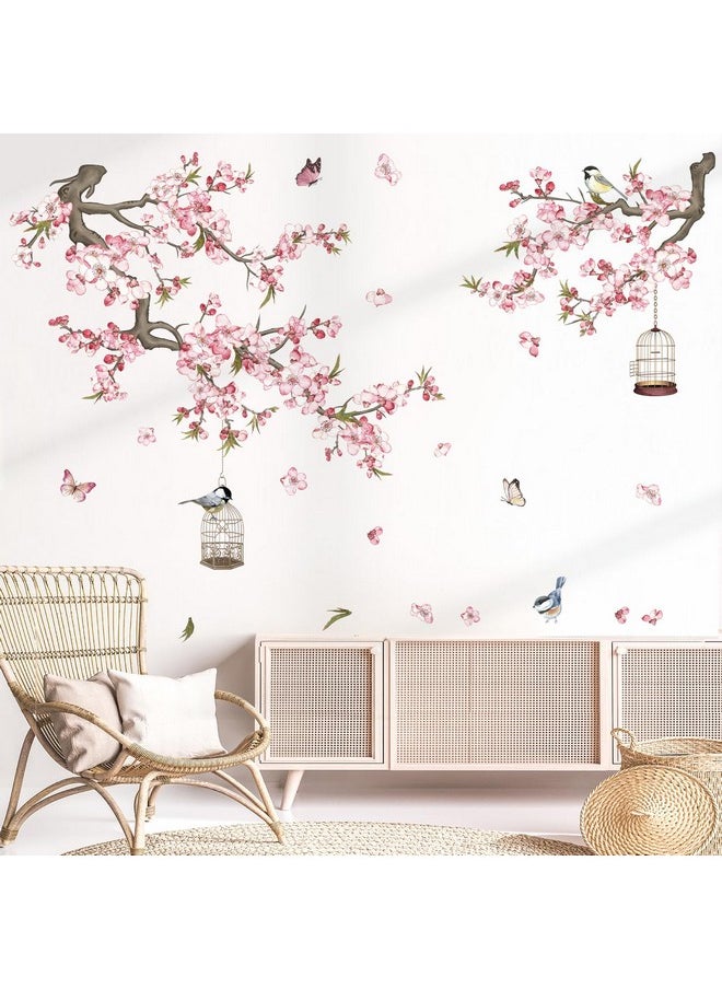 wondever - Cherry Blossom Flowers Wall Stickers Pink Floral Branch Birdcage Peel And Stick Wall Art Decals For Living Room Bedroom Tv Wall - Image 1
