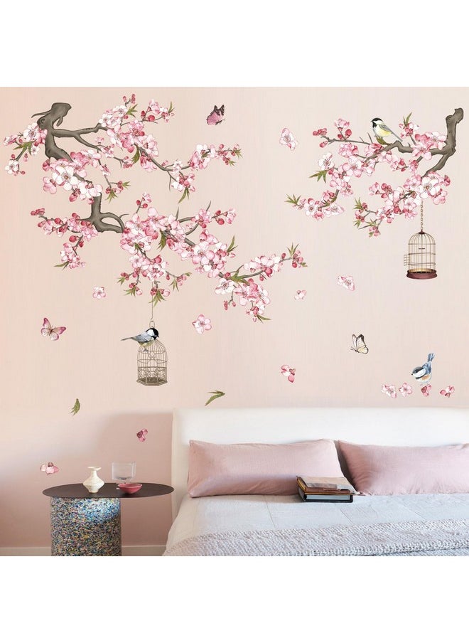 wondever - Cherry Blossom Flowers Wall Stickers Pink Floral Branch Birdcage Peel And Stick Wall Art Decals For Living Room Bedroom Tv Wall - Image 1
