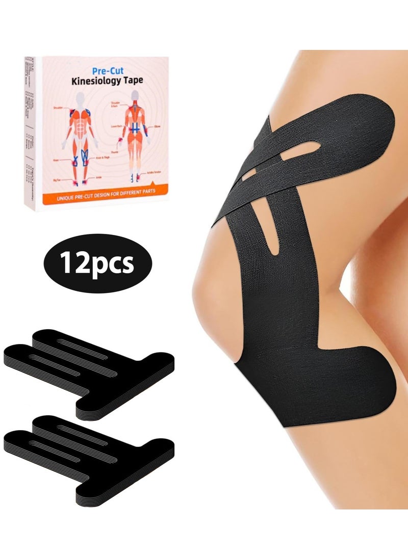 Bukela Kinesiology Tape for Knees 12 Pcs, PreCut Athletic Knee Tape for Knee Pain Relief- Brace & Elastic Supports- Waterproof & Breathable Hypoallergenic Latex-Free Tape Black - Image 1