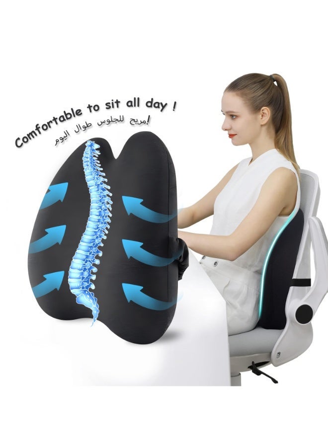 وسادة دعم الظهر السفلي من فوم الذاكرة مع أشرطة قابلة للتعديل – وسادة ظهر أسود غير ينزلق لكرسي المكتب، السيارة، كرسي الألعاب – تخفف من آلام الظهر والقطعة الرحمية – دعم إرجونيومي لراحة طوال اليوم - Image 1
