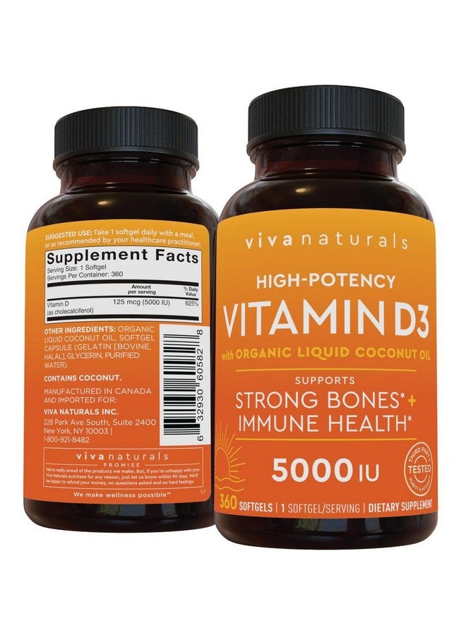 Viva Naturals Viva Naturals Vitamin D3 5000 IU Softgels - 360 Count 125 mcg Softgel, Essential D3 Vitamin, Supports Bone Health, Immune Support, Premium Vitamin D, High Potency Vitamin D 5000 IU  - Image 1