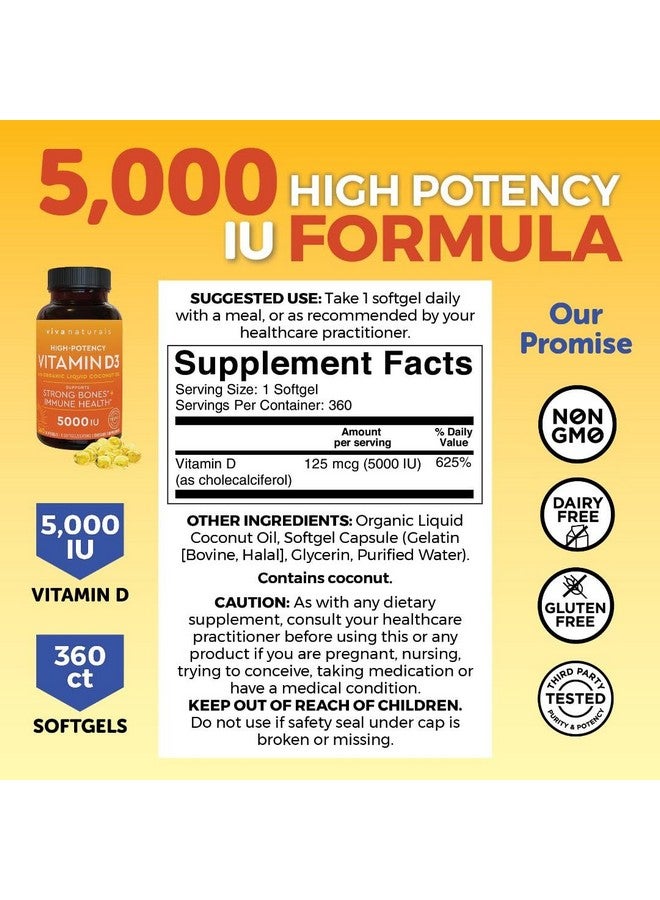 Viva Naturals Viva Naturals Vitamin D3 5000 IU Softgels - 360 Count 125 mcg Softgel, Essential D3 Vitamin, Supports Bone Health, Immune Support, Premium Vitamin D, High Potency Vitamin D 5000 IU  - Image 3