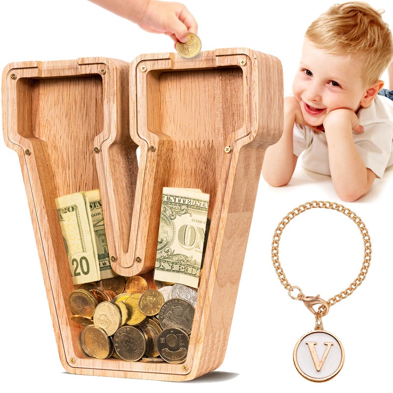 SummiDate Wooden Letter Money Box for Kids Personalised Piggy Bank for Boys Girls Toddler Alphabet V Money Banks Coin Bank Birthday Gift for KidsChildrens GiftInitialV
