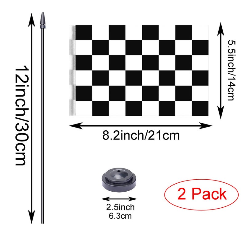 WXTWK 2 Pack Checkered Black and White Racing Flag Race Car Deluxe Desk Flag Set - Mini Small Racing Table Office Flags with Black 12" Solid Pole Stand Base Decorations - Image 2