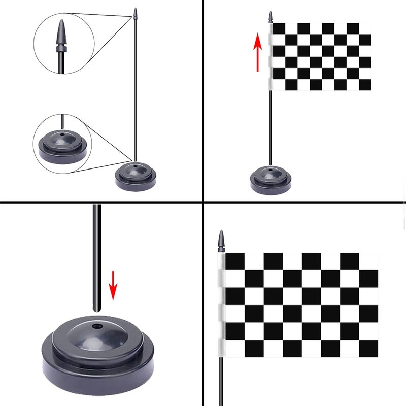 WXTWK 2 Pack Checkered Black and White Racing Flag Race Car Deluxe Desk Flag Set - Mini Small Racing Table Office Flags with Black 12" Solid Pole Stand Base Decorations - Image 3
