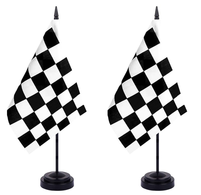 WXTWK 2 Pack Checkered Black and White Racing Flag Race Car Deluxe Desk Flag Set - Mini Small Racing Table Office Flags with Black 12" Solid Pole Stand Base Decorations - Image 1