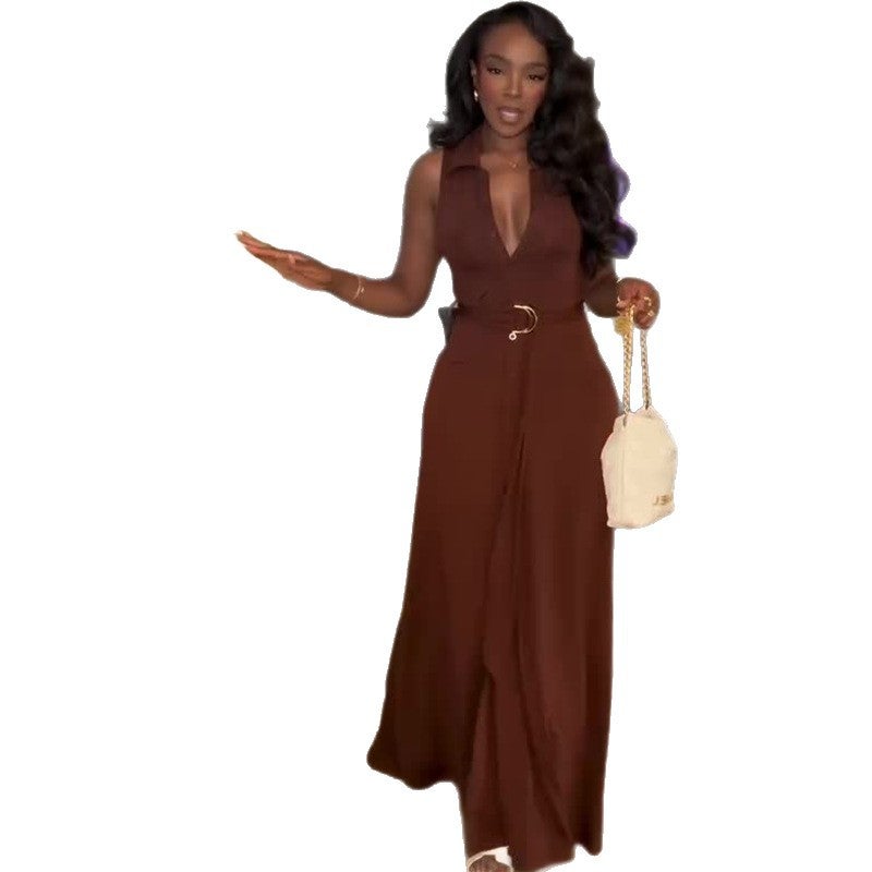 2025 Export Women'S Polo Collar Sleeveless Low-Neck Slit Dress - Image 4