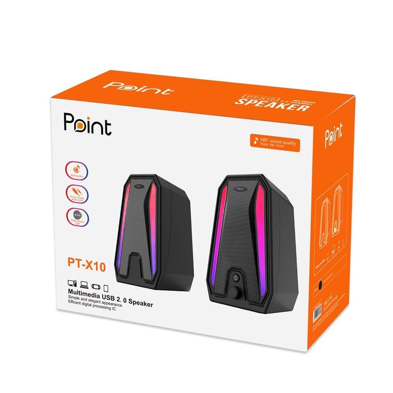 Point PT-X10 USB RGB Gaming Speaker – 2.0 Stereo, 6 W Output, USB Powered, AUX 3.5 mm Input – Compact Black Design with LED Lighting - Image 1