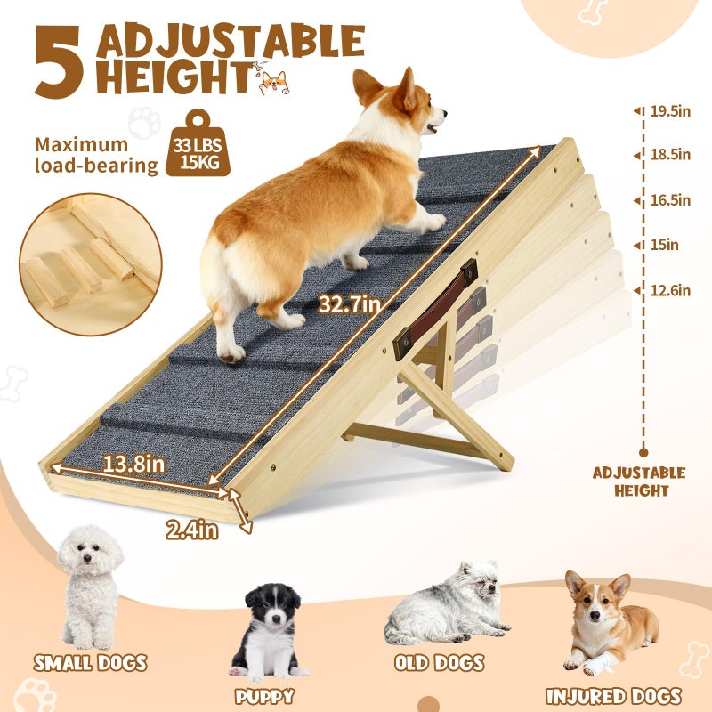 TNELTUEB Upgraded Dog Ramp for Couch, Foldable Small Dog Pet Ramp for Low Bed, 5 Adjustable Height from 12'' to 20" Dog Stairs with Non-Slip Pad, 13.8" Wide Wooden Pet Steps for Dogs to Get on Bed Couch Car - Image 2
