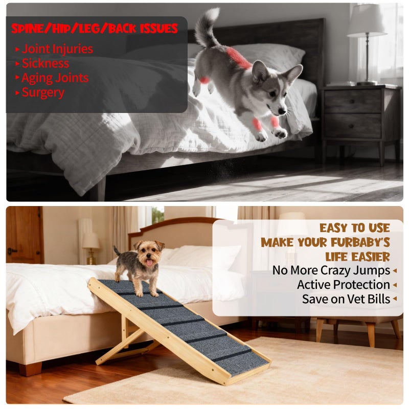 TNELTUEB Upgraded Dog Ramp for Couch, Foldable Small Dog Pet Ramp for Low Bed, 5 Adjustable Height from 12'' to 20" Dog Stairs with Non-Slip Pad, 13.8" Wide Wooden Pet Steps for Dogs to Get on Bed Couch Car - Image 5