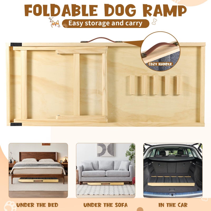 TNELTUEB Upgraded Dog Ramp for Couch, Foldable Small Dog Pet Ramp for Low Bed, 5 Adjustable Height from 12'' to 20" Dog Stairs with Non-Slip Pad, 13.8" Wide Wooden Pet Steps for Dogs to Get on Bed Couch Car - Image 4
