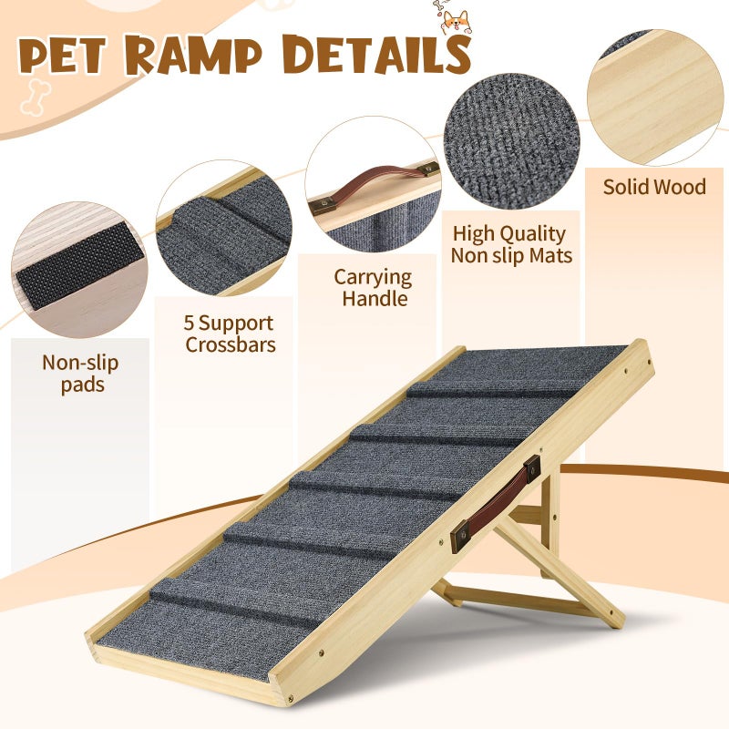 TNELTUEB Upgraded Dog Ramp for Couch, Foldable Small Dog Pet Ramp for Low Bed, 5 Adjustable Height from 12'' to 20" Dog Stairs with Non-Slip Pad, 13.8" Wide Wooden Pet Steps for Dogs to Get on Bed Couch Car - Image 3