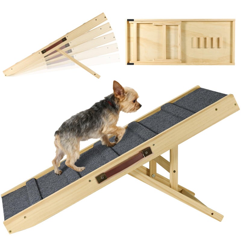 TNELTUEB Upgraded Dog Ramp for Couch, Foldable Small Dog Pet Ramp for Low Bed, 5 Adjustable Height from 12'' to 20" Dog Stairs with Non-Slip Pad, 13.8" Wide Wooden Pet Steps for Dogs to Get on Bed Couch Car - Image 1
