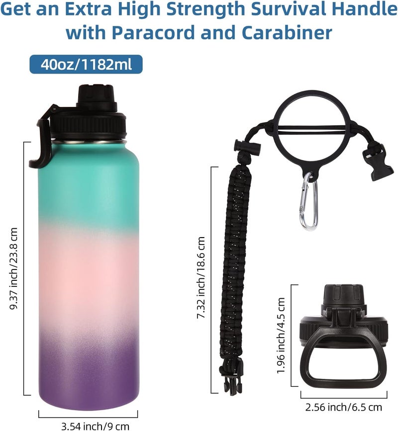 Volhoply 40 oz Insulated Water Bottles Paracord Handle, Stainless Steel Sports Bottle with Spout Lid, Double Walled Vacuum Metal Water Cups, Reusable Water Cup for Adults (Gradient Color, 1 Set) - Image 2