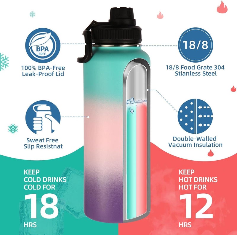 Volhoply 40 oz Insulated Water Bottles Paracord Handle, Stainless Steel Sports Bottle with Spout Lid, Double Walled Vacuum Metal Water Cups, Reusable Water Cup for Adults (Gradient Color, 1 Set) - Image 1