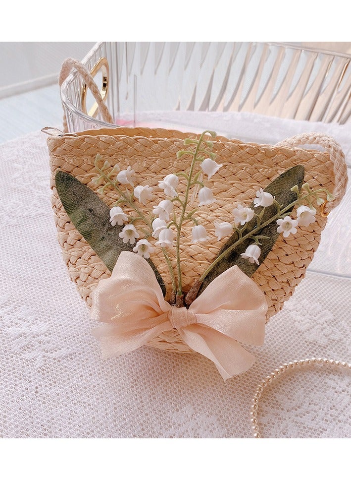 KUYING New Soft Girl Bell Orchid Bow Fantasy Grass Woven Bag 