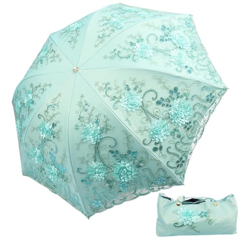 ShaqMars lace parasol umbrella Folding Anti-uv Sunshade Vintage Embroidered Sun Protection (Azure) - Image 1