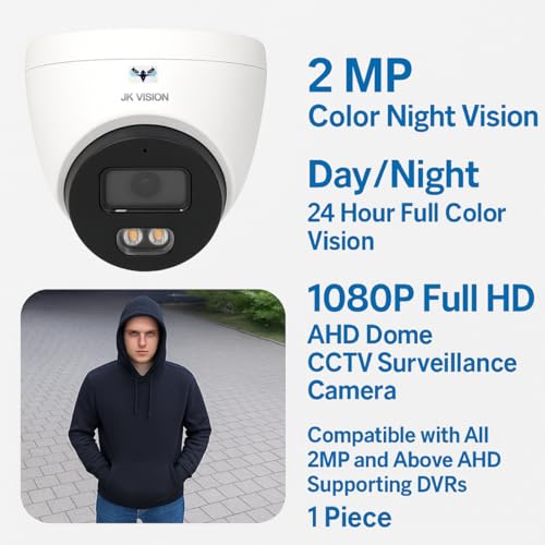 JK Vision 2 MP Color Night Vision Day/Night 24 Hour Full Color Vision 1080P Full HD AHD Dome CCTV Surveillance Camera Compatible with All 2MP and Above AHD Supporting DVRs, 1 Piece - Image 3