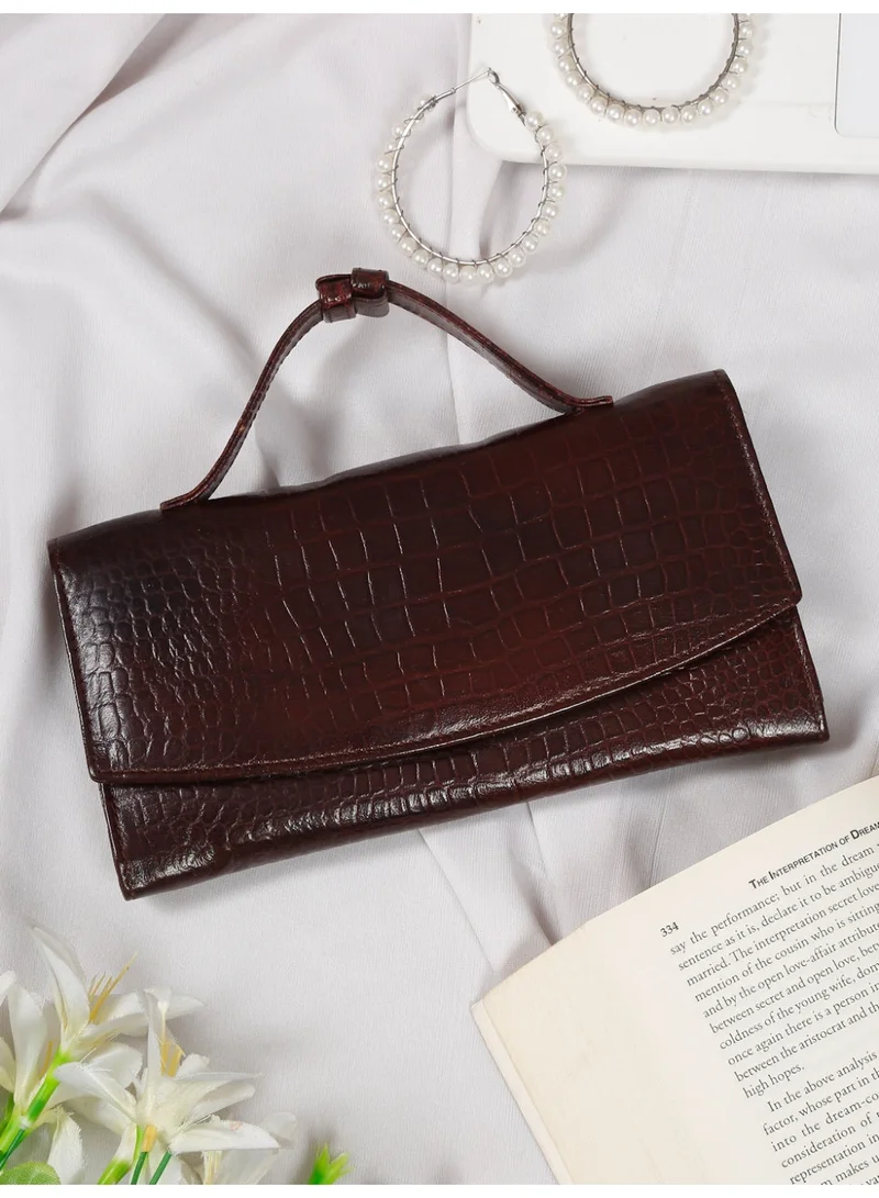 تيك وود Teakwood Women's Genuine Leather Clutch Wallet | 4 Card Slots | 3 Cash Compartments | 3 Zip Pockets | Zip Slip Pocket | ID Window | Carry Handle | Brown