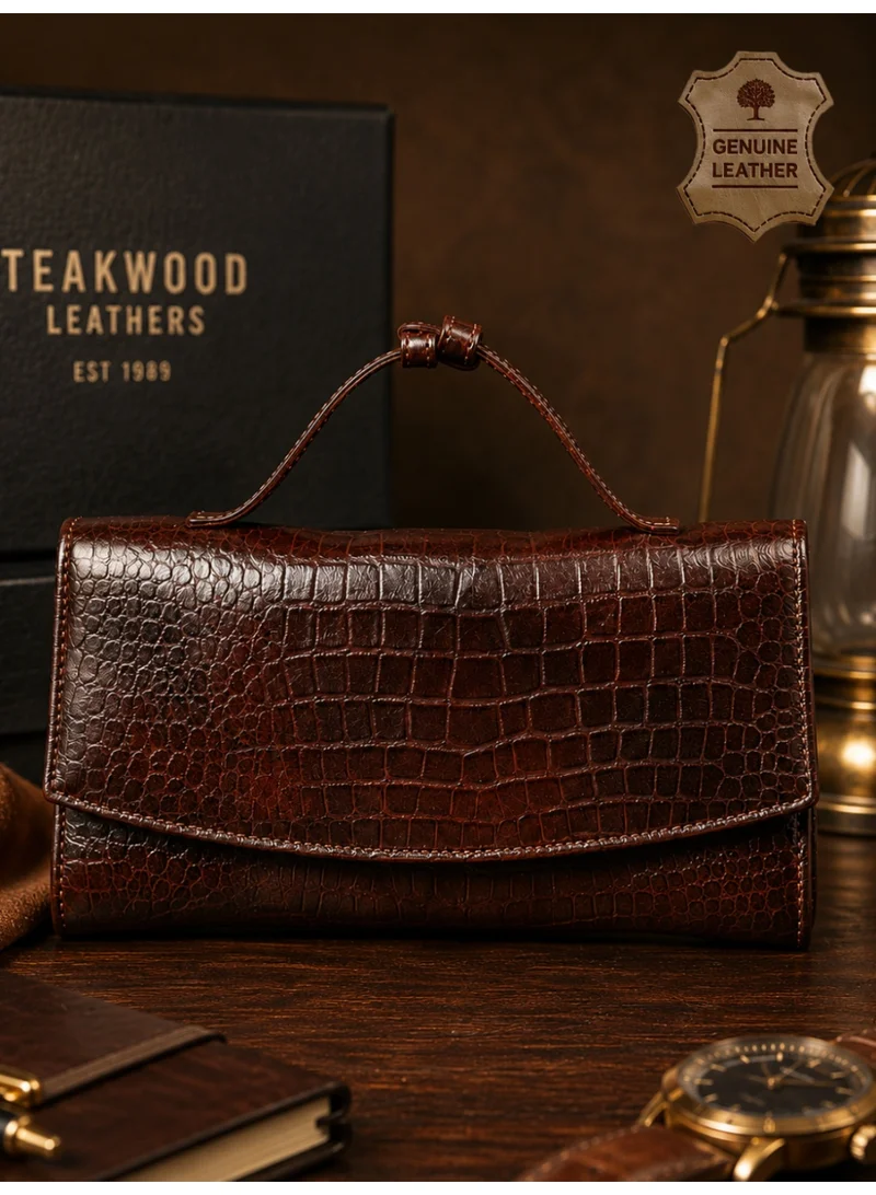 تيك وود Teakwood Women's Genuine Leather Clutch Wallet | 4 Card Slots | 3 Cash Compartments | 3 Zip Pockets | Zip Slip Pocket | ID Window | Carry Handle | Brown