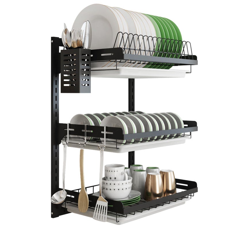 Genaric junyuan Hanging Dish Drying Rack Wall Mount Dish Drainer,3 Tier Kitchen Plate Bowl Spice Organizer Storage Shelf Holder with Drain Tray With 3 hooks,Stainless steel black coating (3 tier, 21.8)