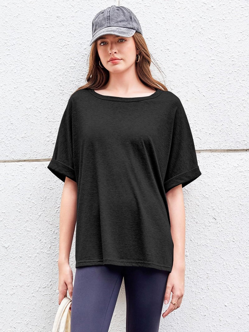 GeGekoko Women Oversized T-Shirt Summer Casual Short Sleeve Loose Tee Tops Black - Image 5