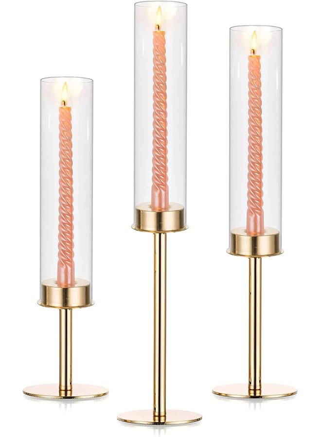 The Bros Gold Candlestick Holder Tall Hurricane Candle Holder Set of 3, Taper Candle Holders Candle Stand Glass Cover Candlesticks Holders Table Centerpiece for Wedding Party Birthday Christmas Decor - Image 1