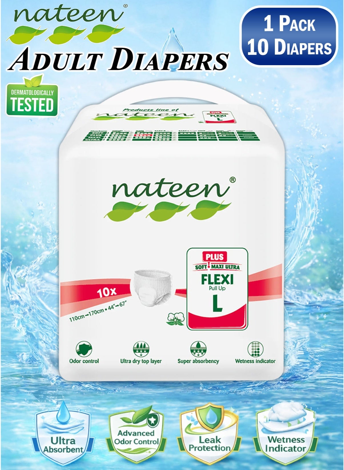 nateen 10 Count Pack of 1 Nateen Flexi Plus Adult Diapers Pants Pull Up, Large Size L Waist 110-170cm, Disposable Incontinence Underwear for Men & Women, Super Absorbent Adult Pull Ups with Leak Prote