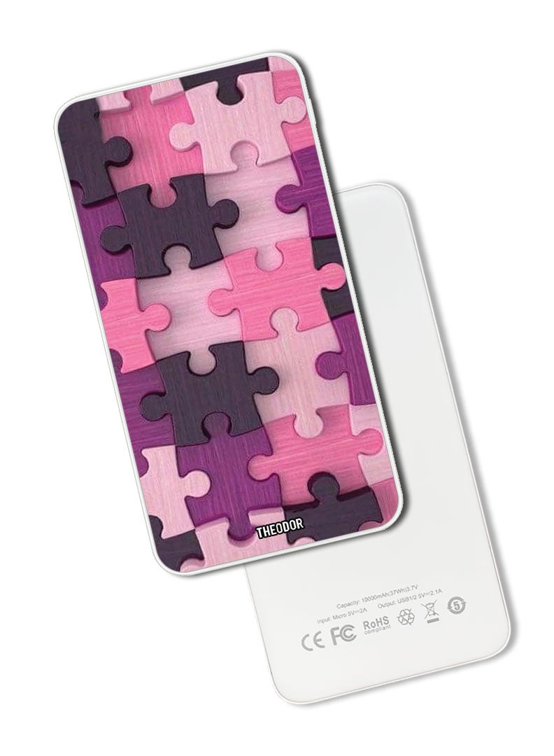 Theodor 10,000 mAh Super Fast Charging Ultra Compact Power Bank with Quick Charge & Power Delivery, Portable Charger For iPhone and Android Pink Puzzle - Image 1