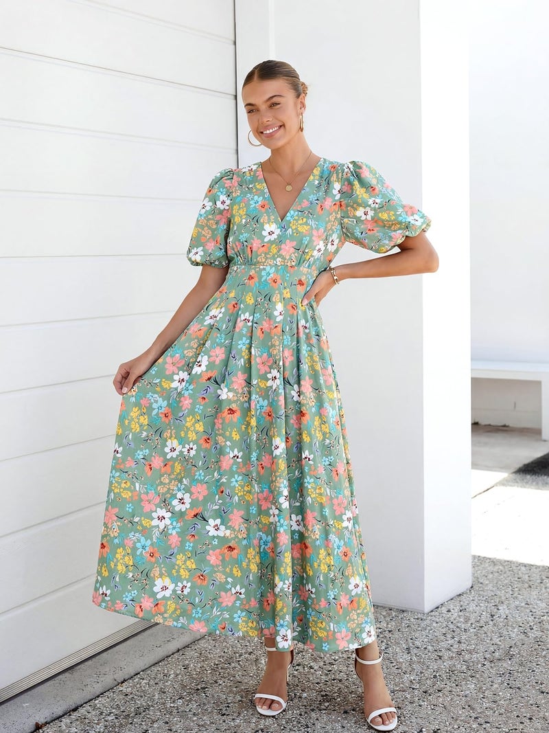 Maxigerui Women's Summer Floral Maxi Dress Spring Wedding Guest Dress 2026 Green Multi Floral S - Image 4
