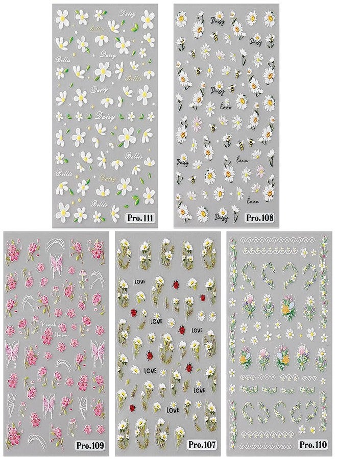 JALIYA 5pcs Embossed Daisy Nail Stickers Micro-carving Flower Nail Stickers Small Daisies Pink Butterfly Flower Nail Decals for Nail Art Supplies Daisy Flowers Nail Art Stickers Floral Stickers for Nails DIY - Image 2