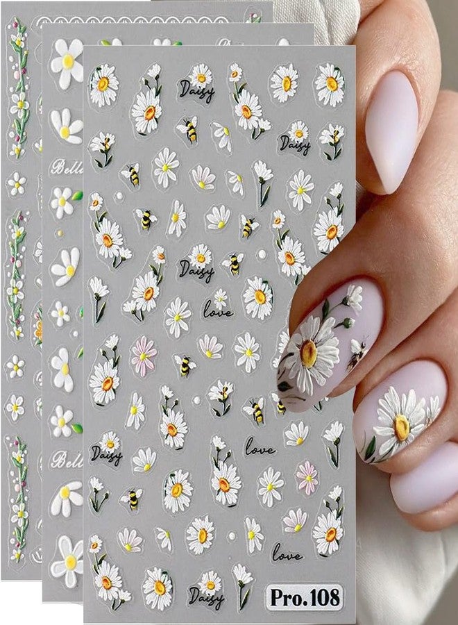 JALIYA 5pcs Embossed Daisy Nail Stickers Micro-carving Flower Nail Stickers Small Daisies Pink Butterfly Flower Nail Decals for Nail Art Supplies Daisy Flowers Nail Art Stickers Floral Stickers for Nails DIY - Image 1