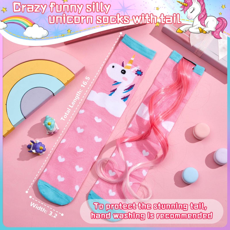 Yearntown 1 Pairs Crazy Fun Silly Wacky High Socks Unicorn Mermaid Socks with Wigs Gift for Kids Girls Woman(Pink Unicorn) - Image 4